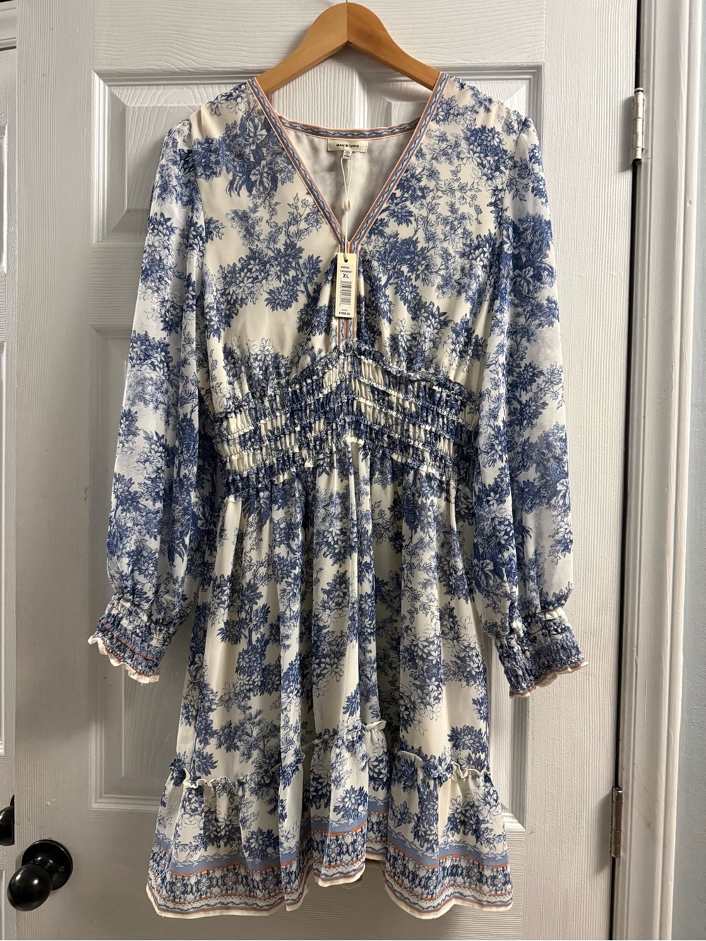 Max Studio floral smocked waist dress in a blue and white print